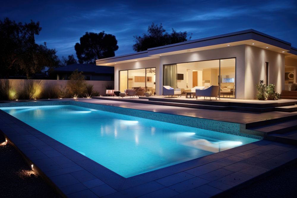 Swimming pool outside modern house architecture building outdoors. 