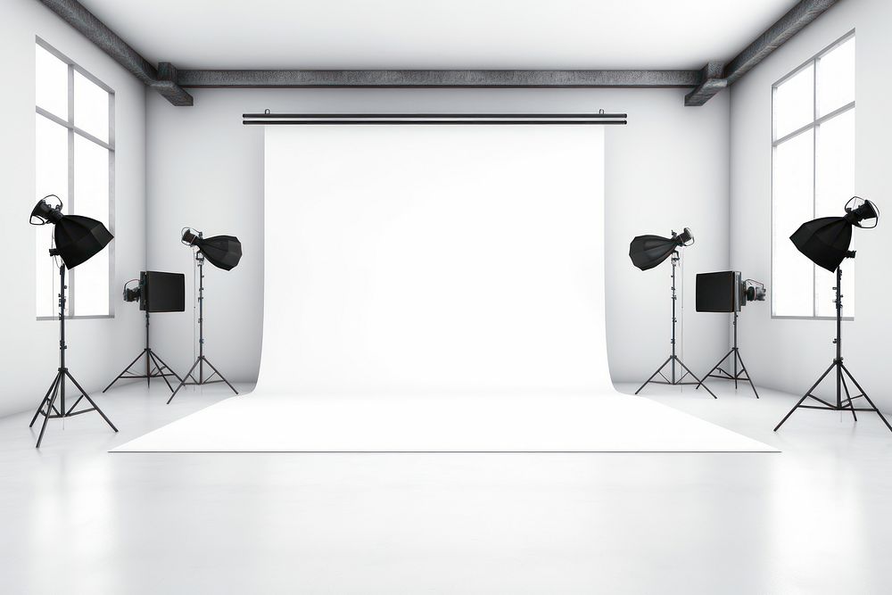 Photographic studio camera white white background. AI generated Image by rawpixel.
