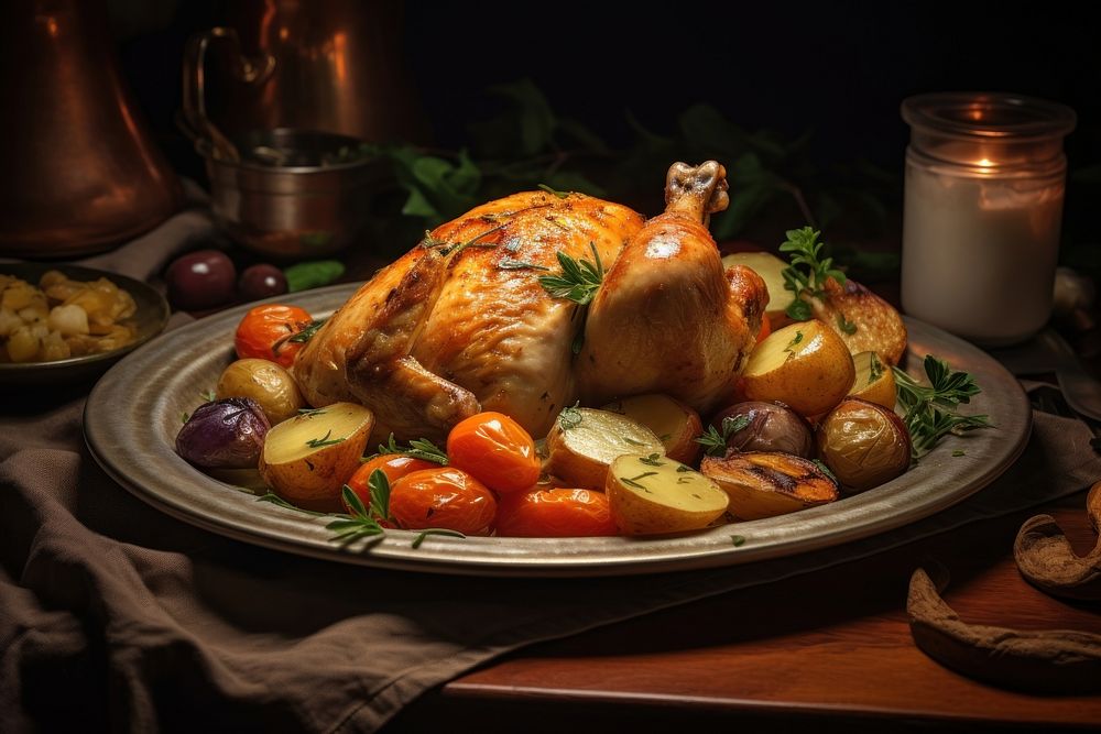 Roasted chicken plate vegetable dinner. AI generated Image by rawpixel.