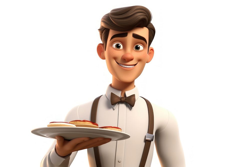 Waiter holding serving tray portrait smiling cartoon. AI generated Image by rawpixel.