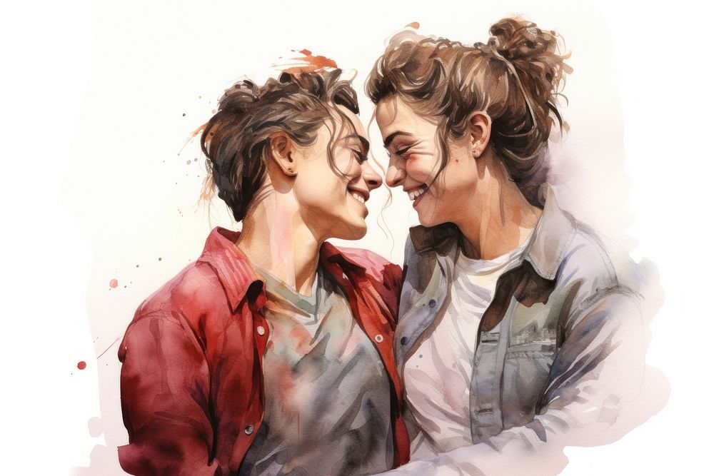 Happy lesbian couple laughing portrait painting. AI generated Image by rawpixel.