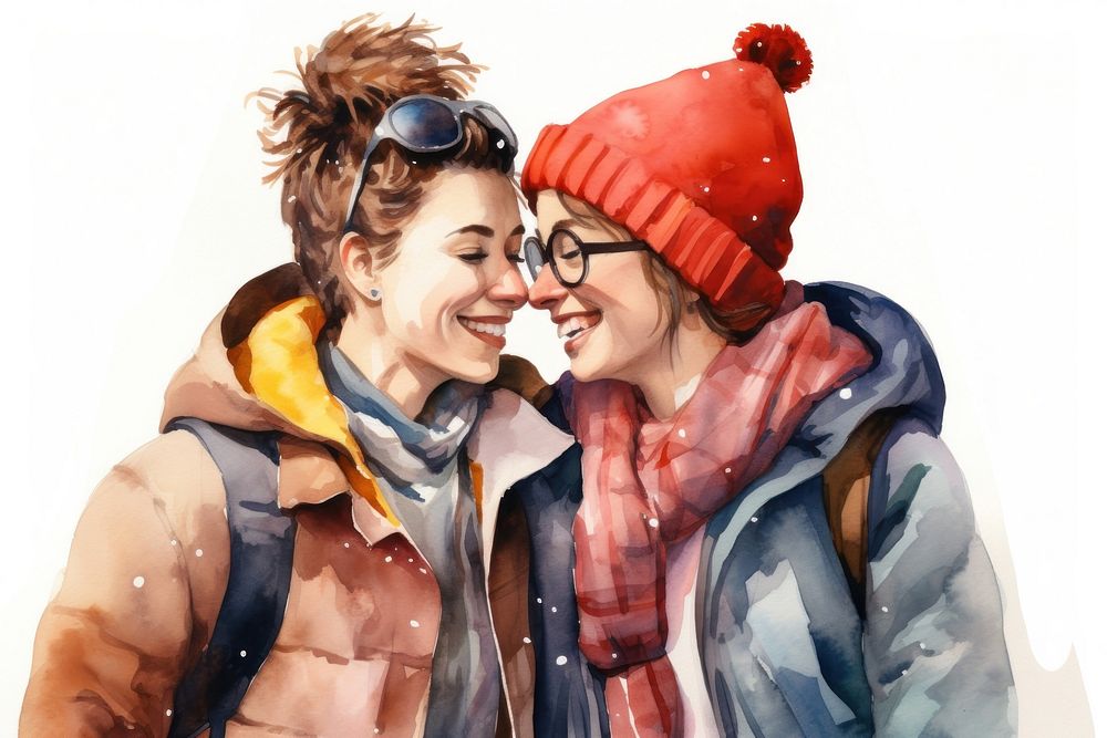 Happy lesbian couple portrait glasses jacket. AI generated Image by rawpixel.
