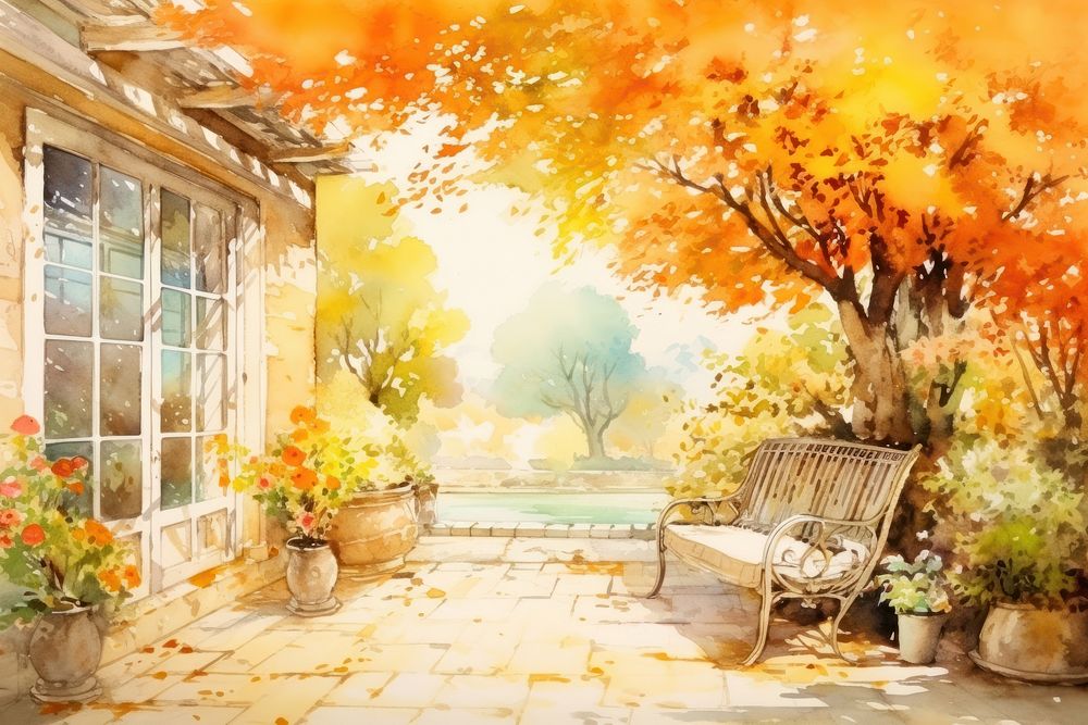 Autumn house architecture painting. 