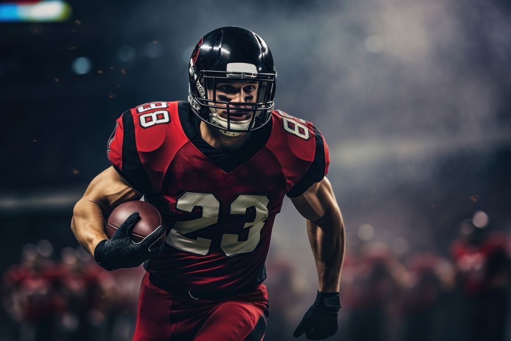 Professional American football player running stadium helmet. 