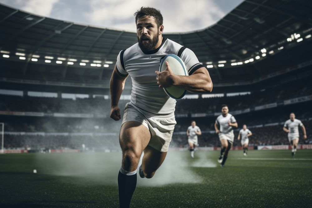 Rugby player running stadium sports. AI generated Image by rawpixel.