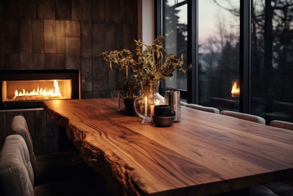 Table wood furniture fireplace. AI generated Image by rawpixel.