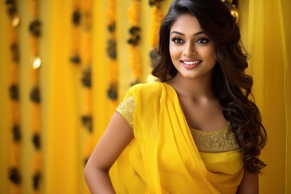 Yellow saree adult smile hairstyle. AI generated Image by rawpixel.