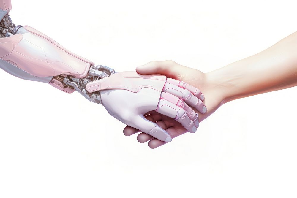 Robot hand holding human hand electronics agreement handshake. AI generated Image by rawpixel.