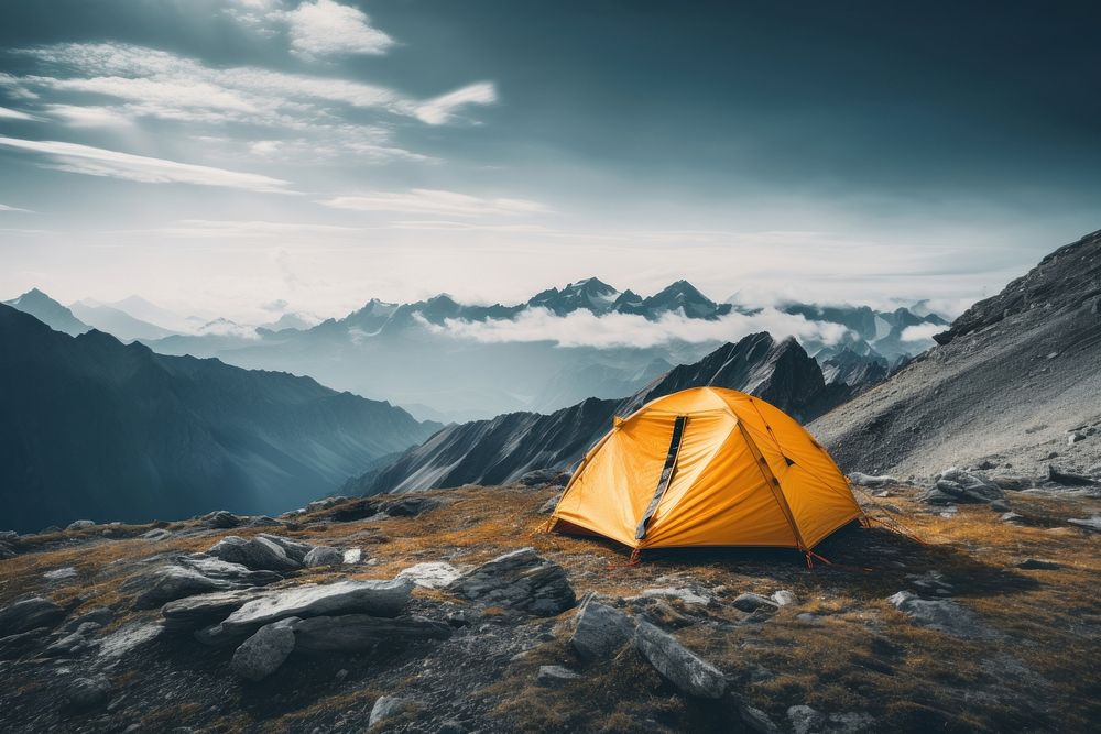 photo of tent at mountain, isolated on solid background.  