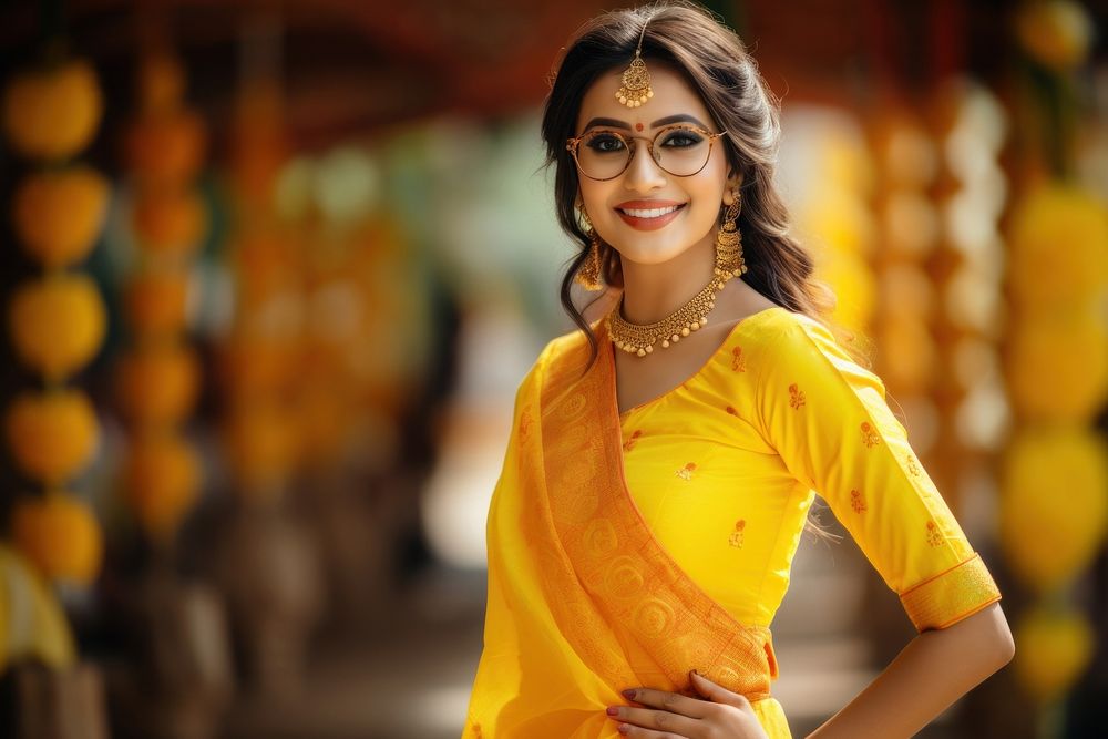 Yellow saree necklace jewelry smile. AI generated Image by rawpixel.