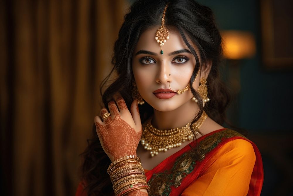 Hindu woman jewelry necklace portrait. 