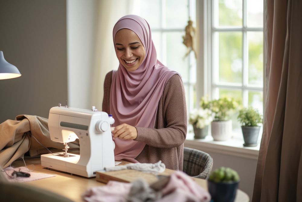Using sewing machine smiling concentration technology. AI generated Image by rawpixel.