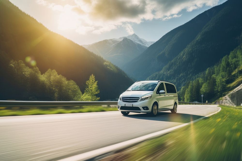 Minivan vehicle driving road. 