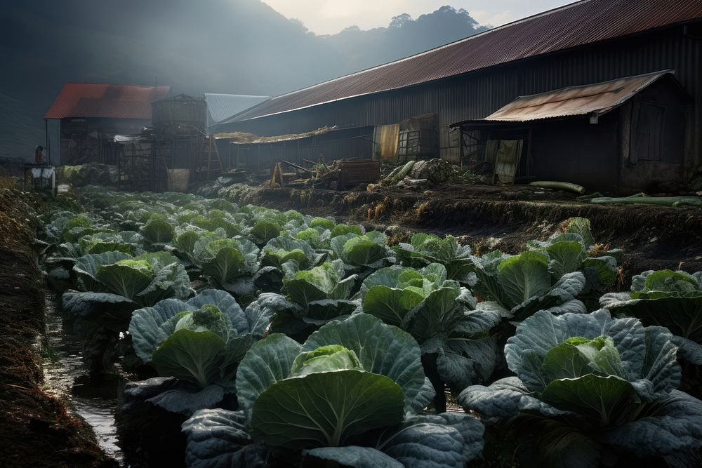 Cabbage farm architecture vegetable outdoors. AI generated Image by rawpixel.