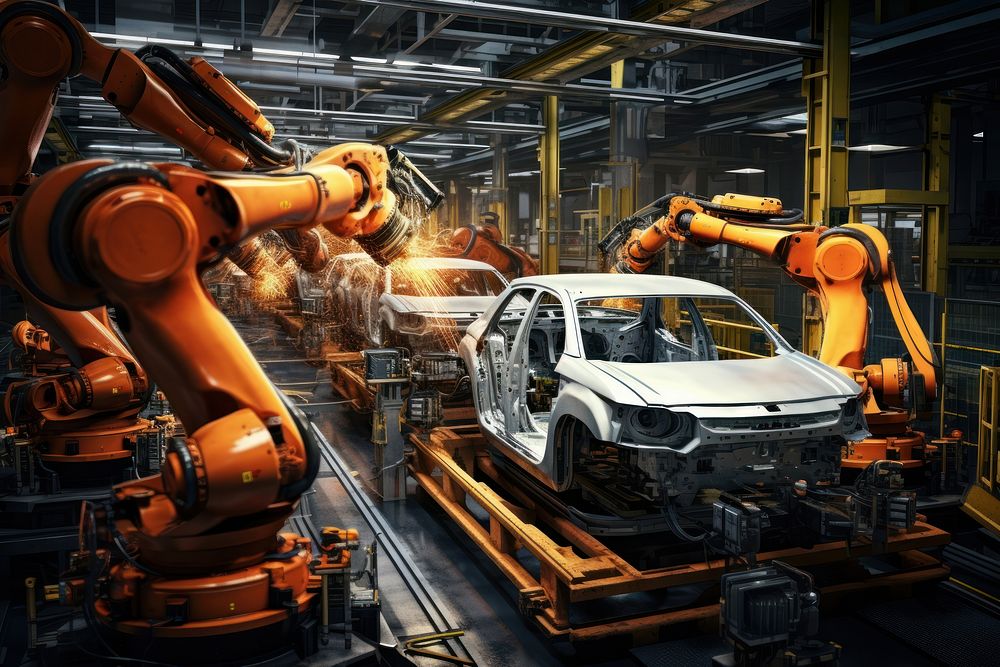 Car manufacturing robot factory architecture. AI generated Image by rawpixel.