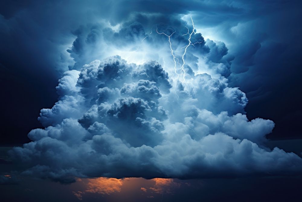 Dark blue cumulus cloud thunderstorm lightning outdoors. 