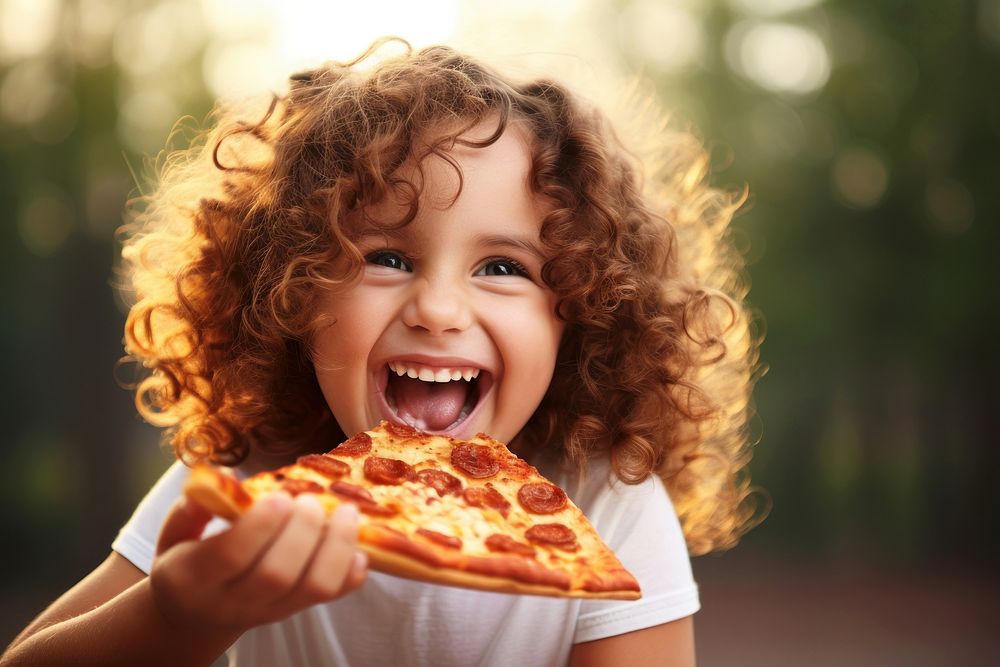 Girl eating pizza biting happy food. AI generated Image by rawpixel.