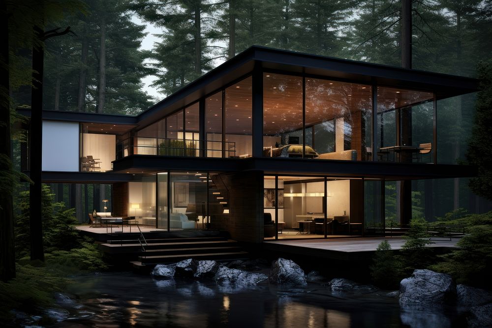 Modern forest house architecture building outdoors. AI generated Image by rawpixel.