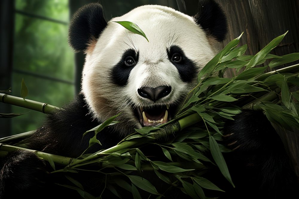 Panda eating bamboo wildlife animal mammal. AI generated Image by rawpixel.