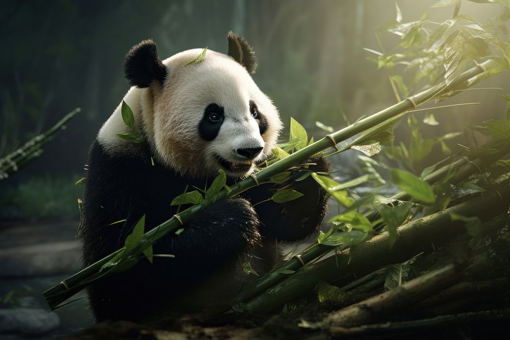 Panda eating bamboo wildlife animal mammal. AI generated Image by rawpixel.