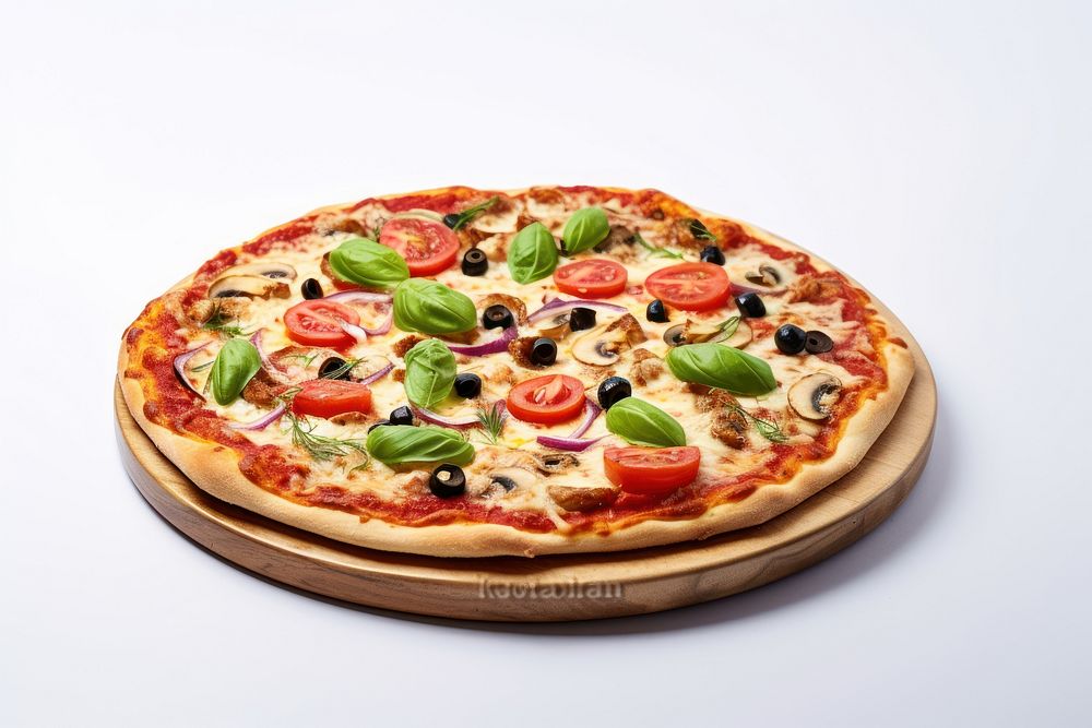 Pizza tray food white background mozzarella. AI generated Image by rawpixel.