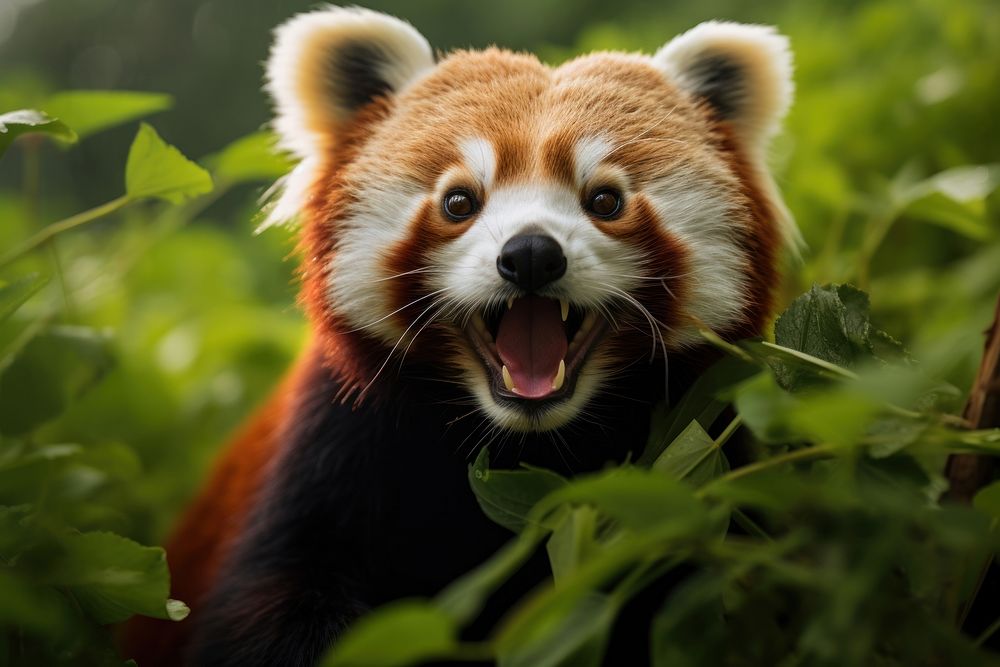 Red panda eating bamboo wildlife animal mammal. 