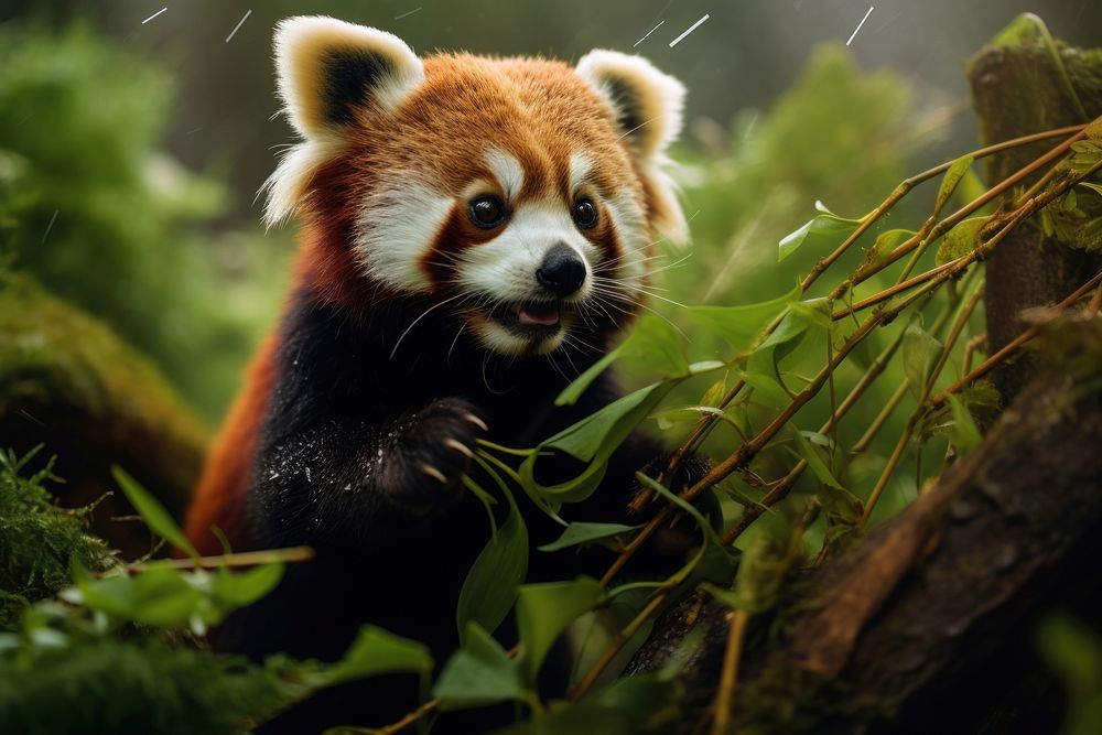 Red panda eating bamboo wildlife animal mammal. 