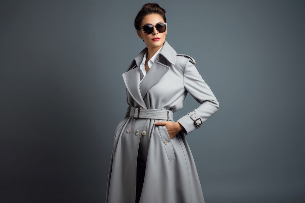 Gray trench coat sunglasses overcoat portrait. 