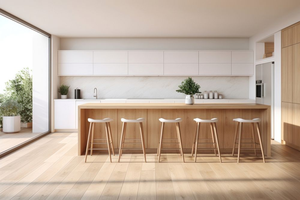 Modern kitchen floor wood furniture. 