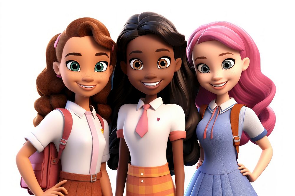 Multiracial happy schoolgirls portrait cartoon doll. AI generated Image by rawpixel.