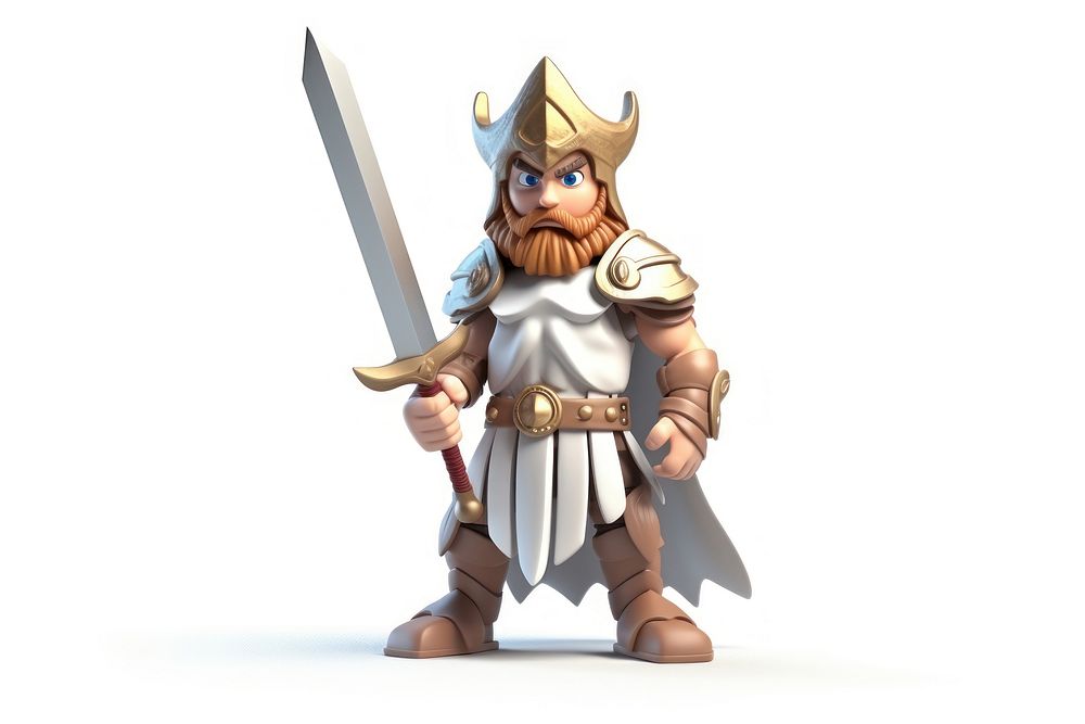 Warrior holding a sword cartoon white background representation. 