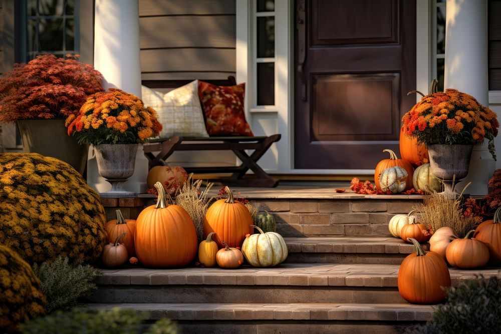 Pumpkins porch architecture decoration. AI generated Image by rawpixel.
