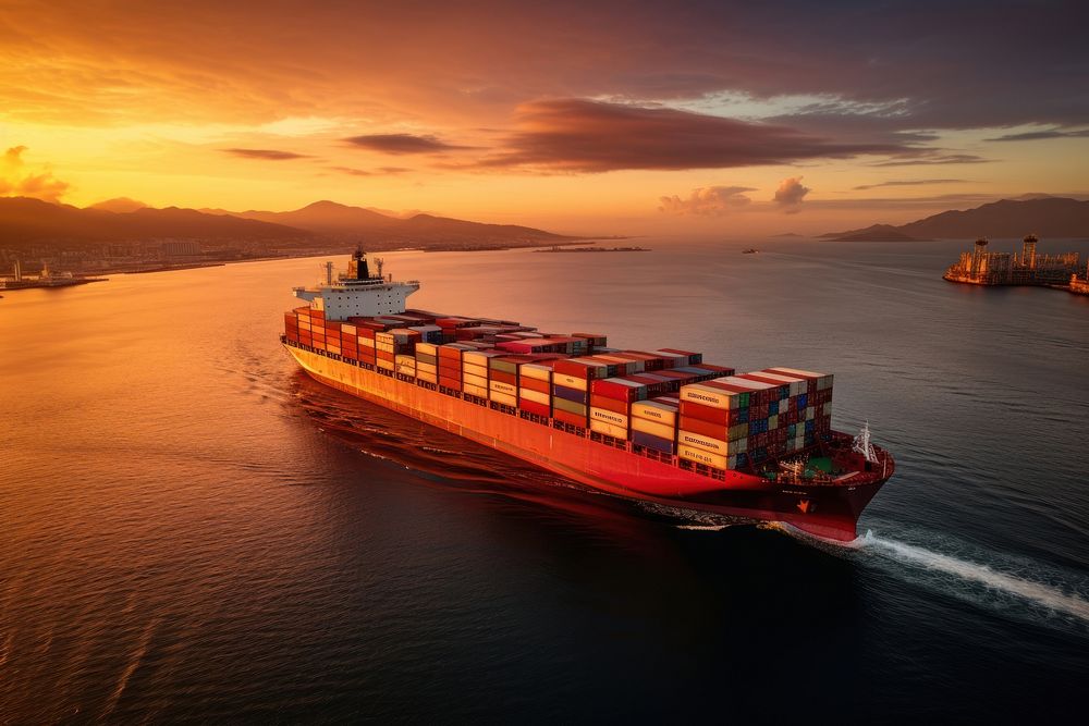 Photo of container ship vehicle sunset boat.