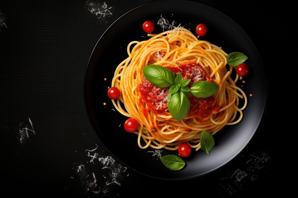 Italian spaghetti pasta plate basil sauce. AI generated Image by rawpixel.