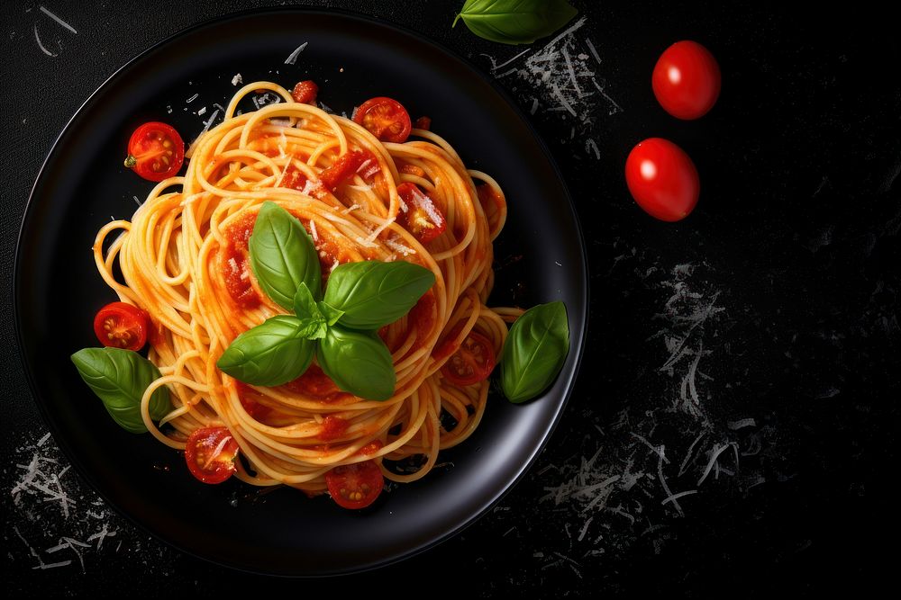 Italian spaghetti pasta plate tomato basil. AI generated Image by rawpixel.