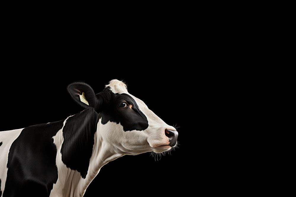 Photo of a cow standing isolated on black background.  