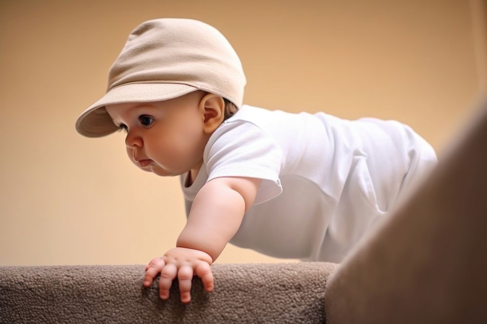 Baby crawling white construction. 