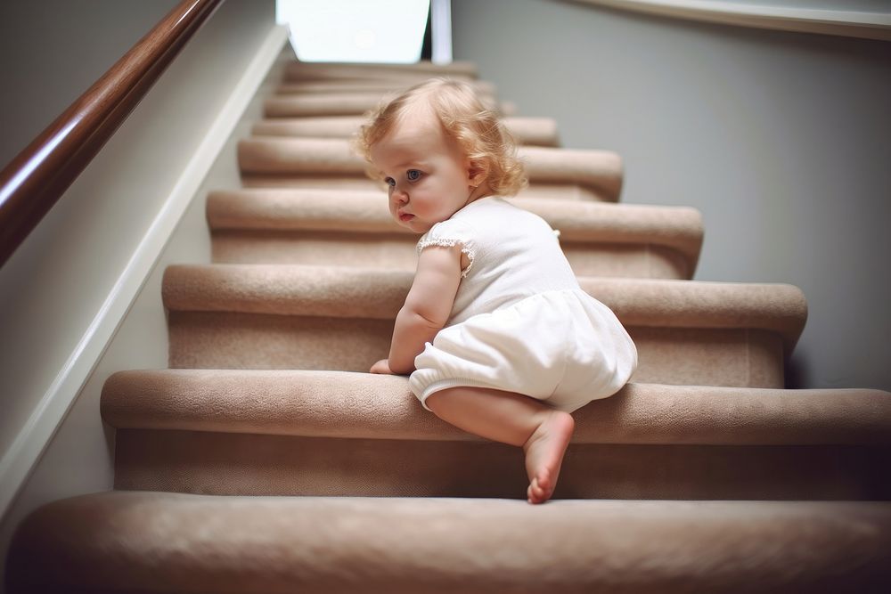 Baby staircase crawling portrait. 