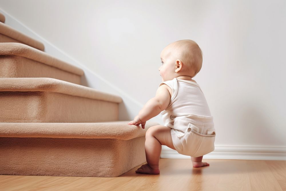 Baby crawling sitting stairs. AI generated Image by rawpixel.