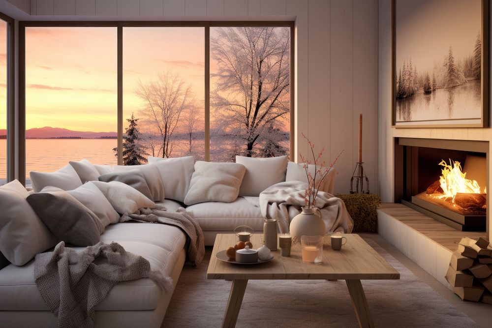 Modern Scandinavian Living Room room architecture fireplace. AI generated Image by rawpixel.