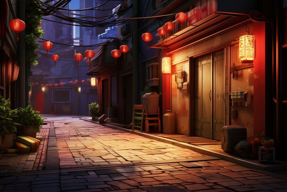 Small alleyway lighting street night. AI generated Image by rawpixel.