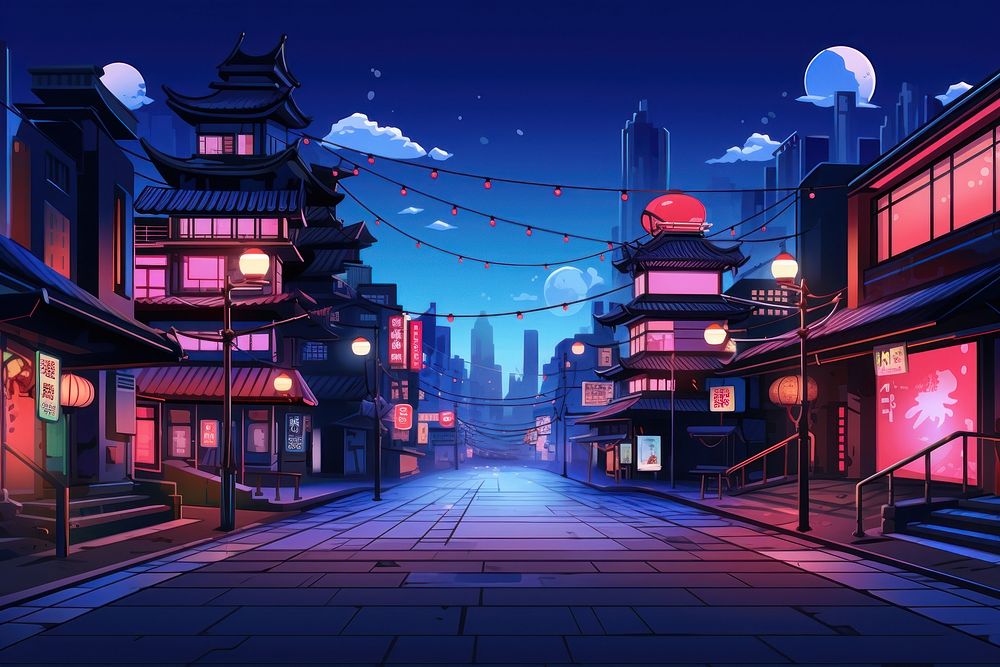 Japan city cartoon street night. AI generated Image by rawpixel.