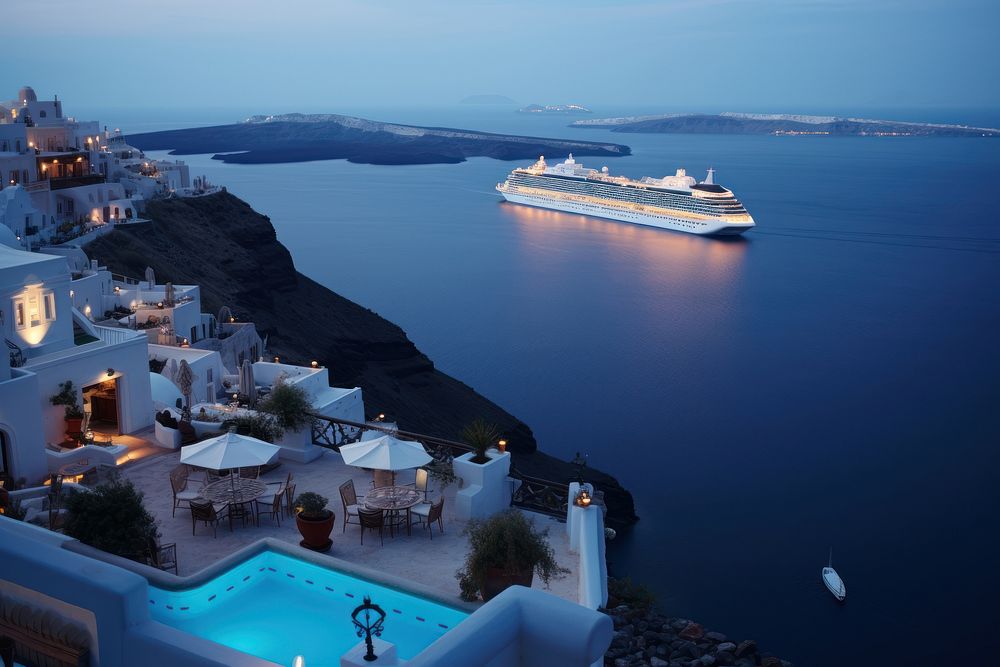 Santorini vehicle ship transportation. AI generated Image by rawpixel.