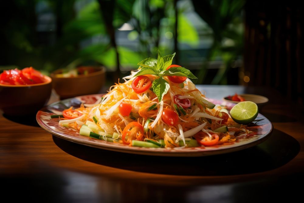 Thai papaya salad table noodle plate. AI generated Image by rawpixel.