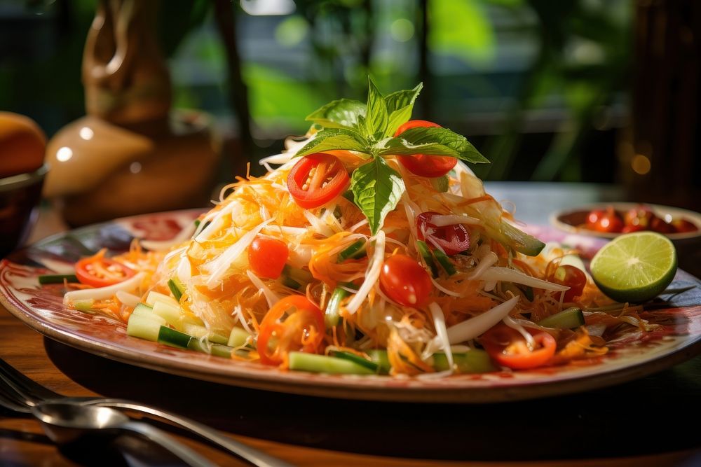 Thai papaya salad plate table food. AI generated Image by rawpixel.