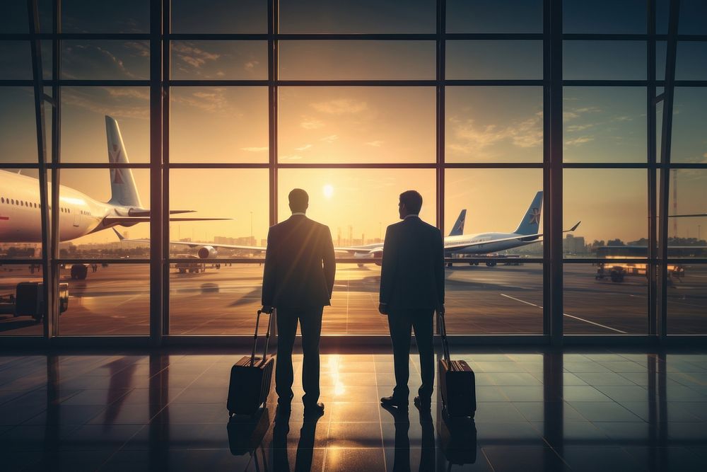 Two business travellers airport standing airplane. 