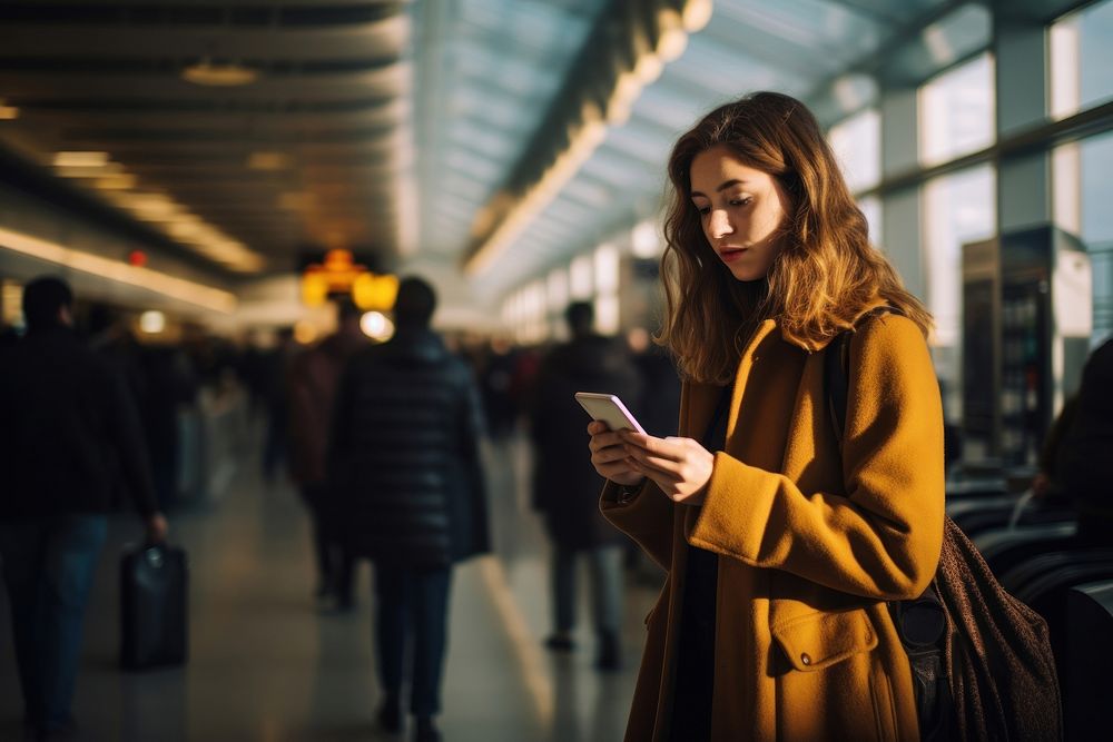 Woman using mobile phone airport adult photo. AI generated Image by rawpixel.