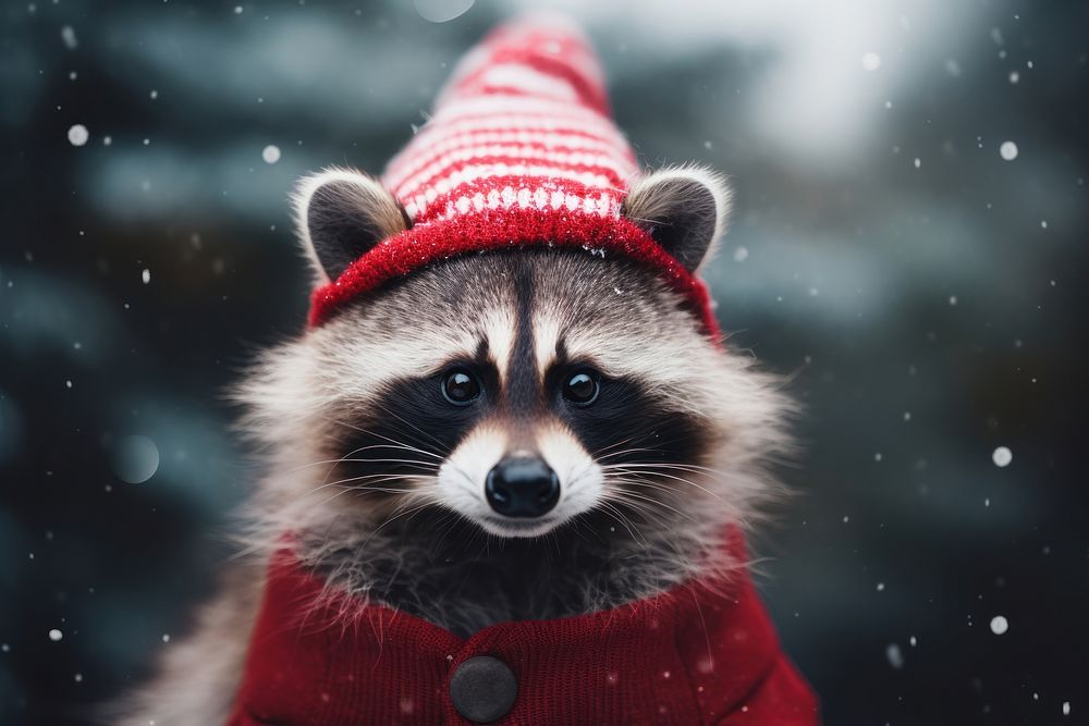 Raccoon wearing santa claus sweater animal mammal procyonidae. AI generated Image by rawpixel.