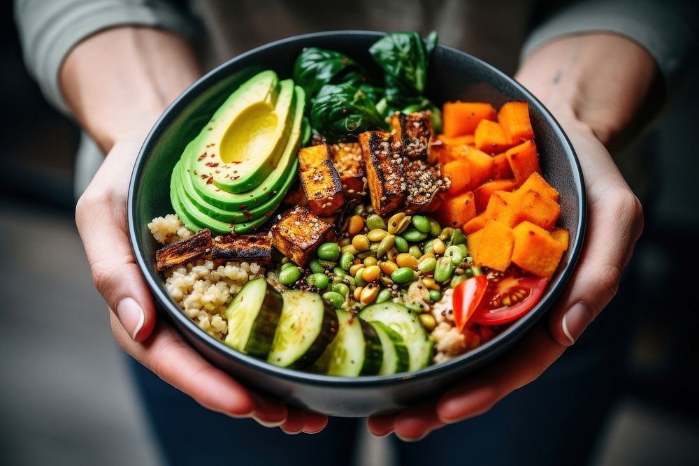 Vegan salad bowl vegetable avocado. 