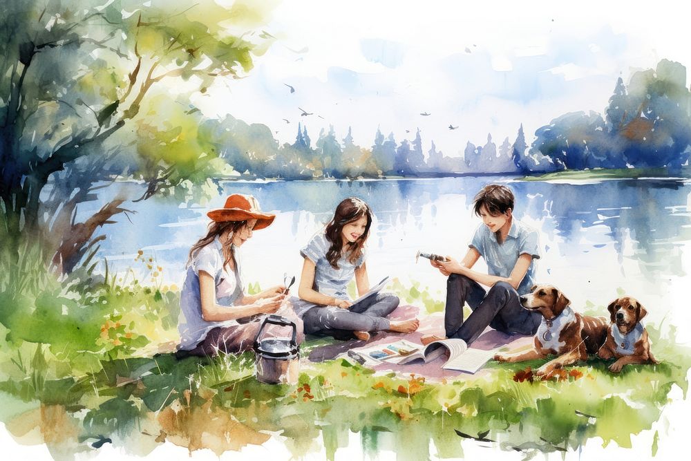 Diverse friends picnic near river outdoors plant adult. AI generated Image by rawpixel.